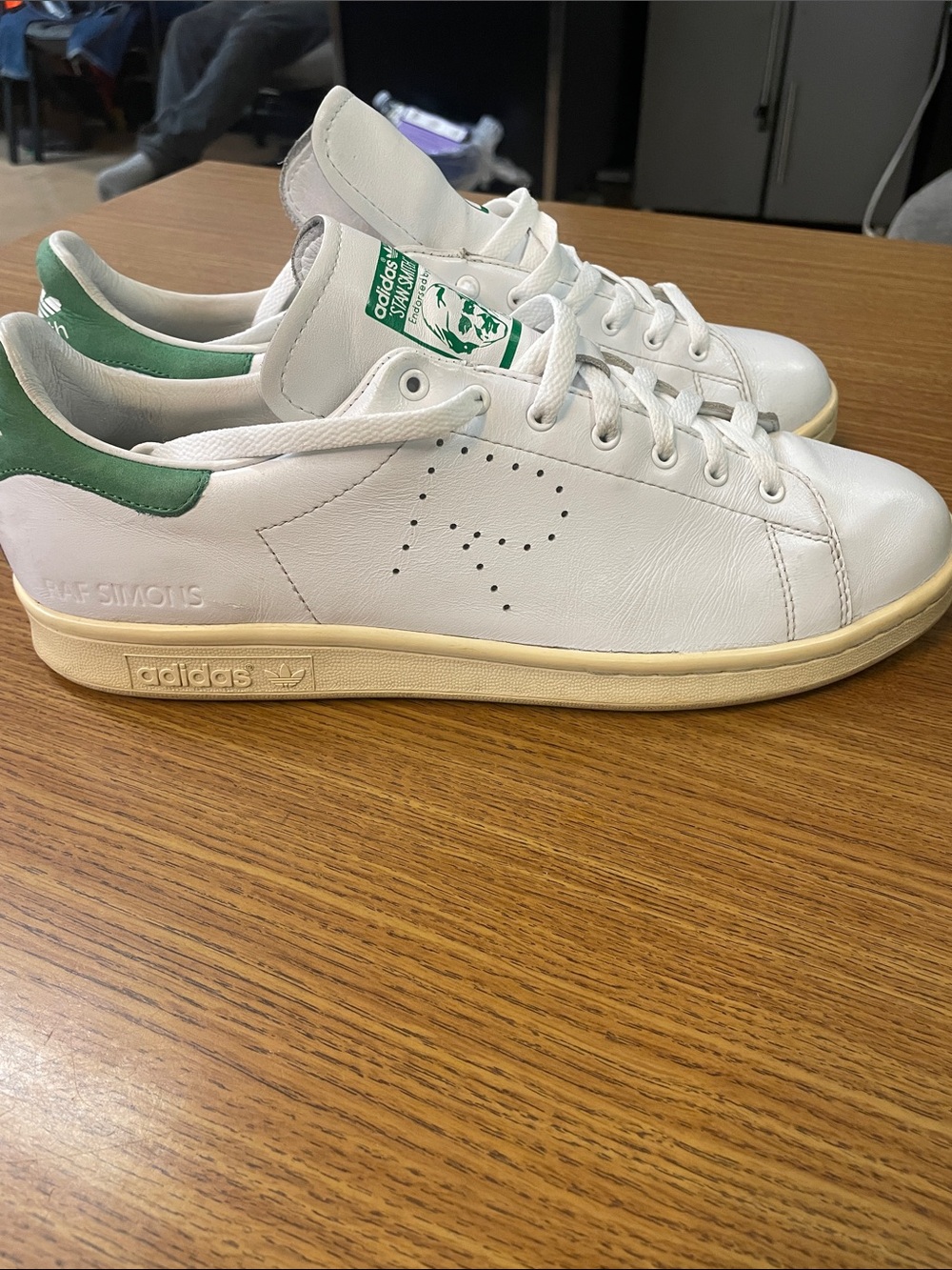 adidas x RAF Simons White Leather Low-Top Sneakers with Green Heel